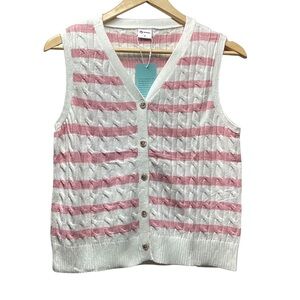 Wiholl cable knit sleeveless sweater. Pink on ivory stripes. Size Small